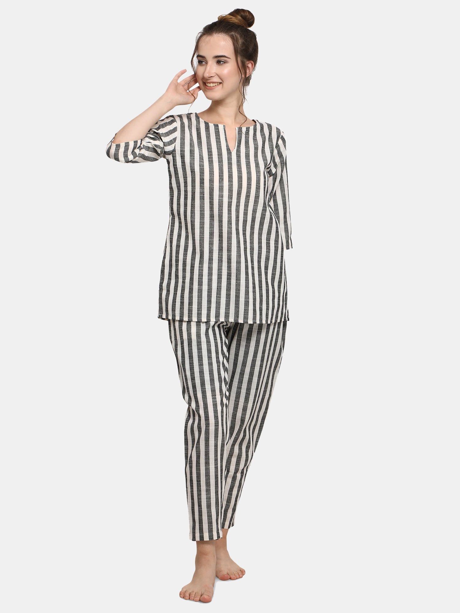 Grey Striped Long Nightsuit Set (MFNIGHT2535)