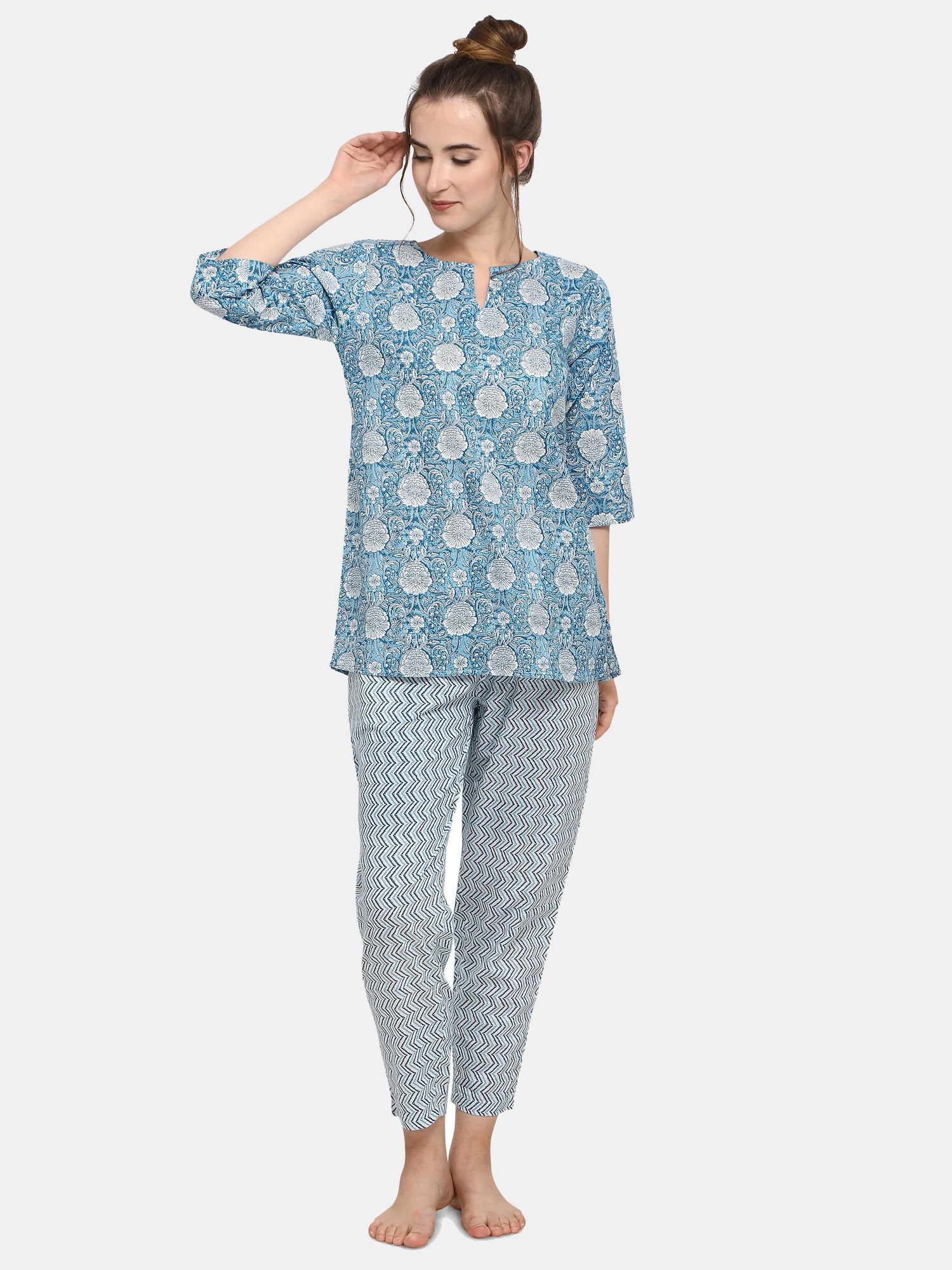Blue Printed Top Long Nightsuit Set (MFNIGHT2536)
