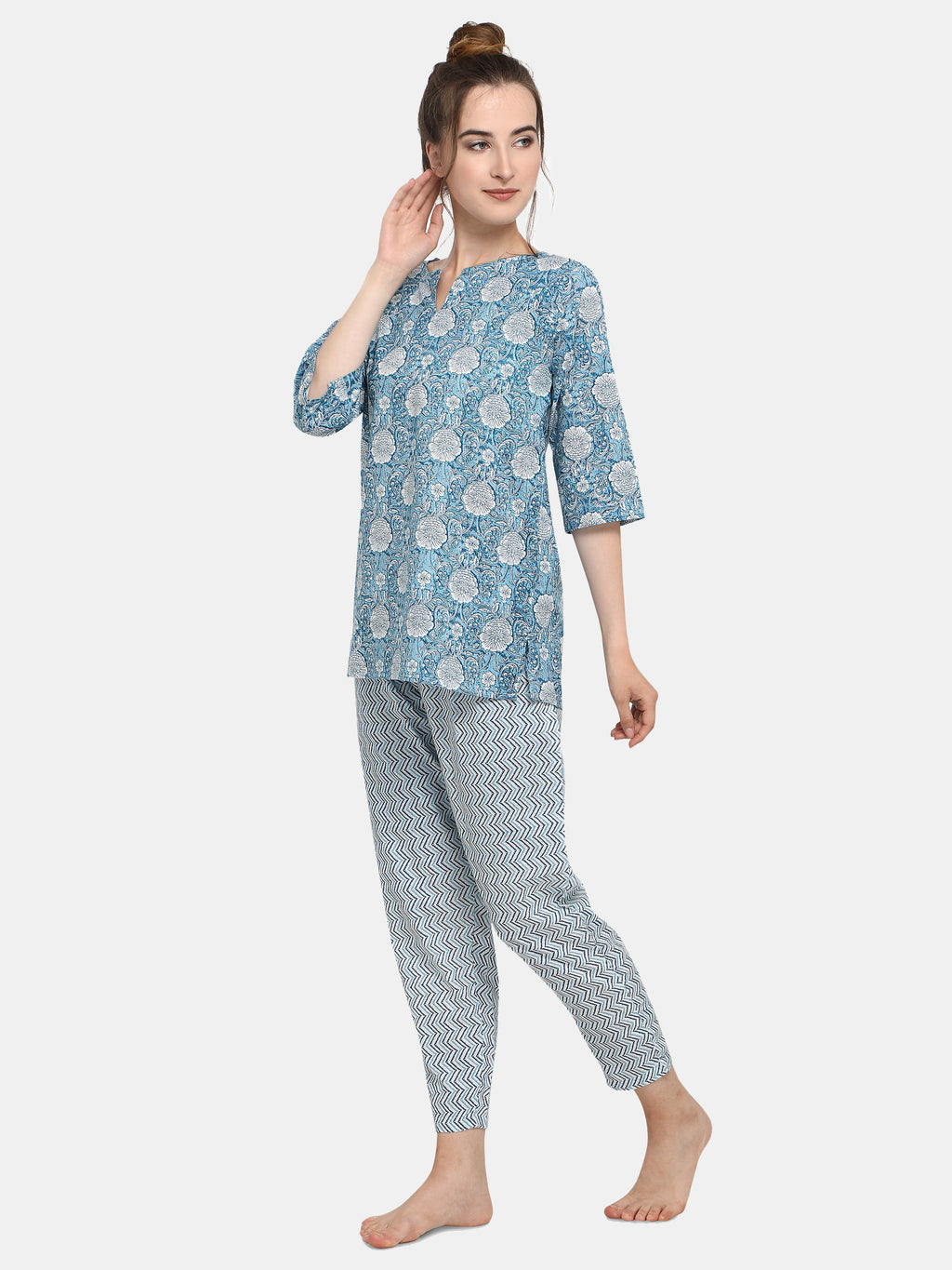 Blue Printed Top Long Nightsuit Set (MFNIGHT2536)