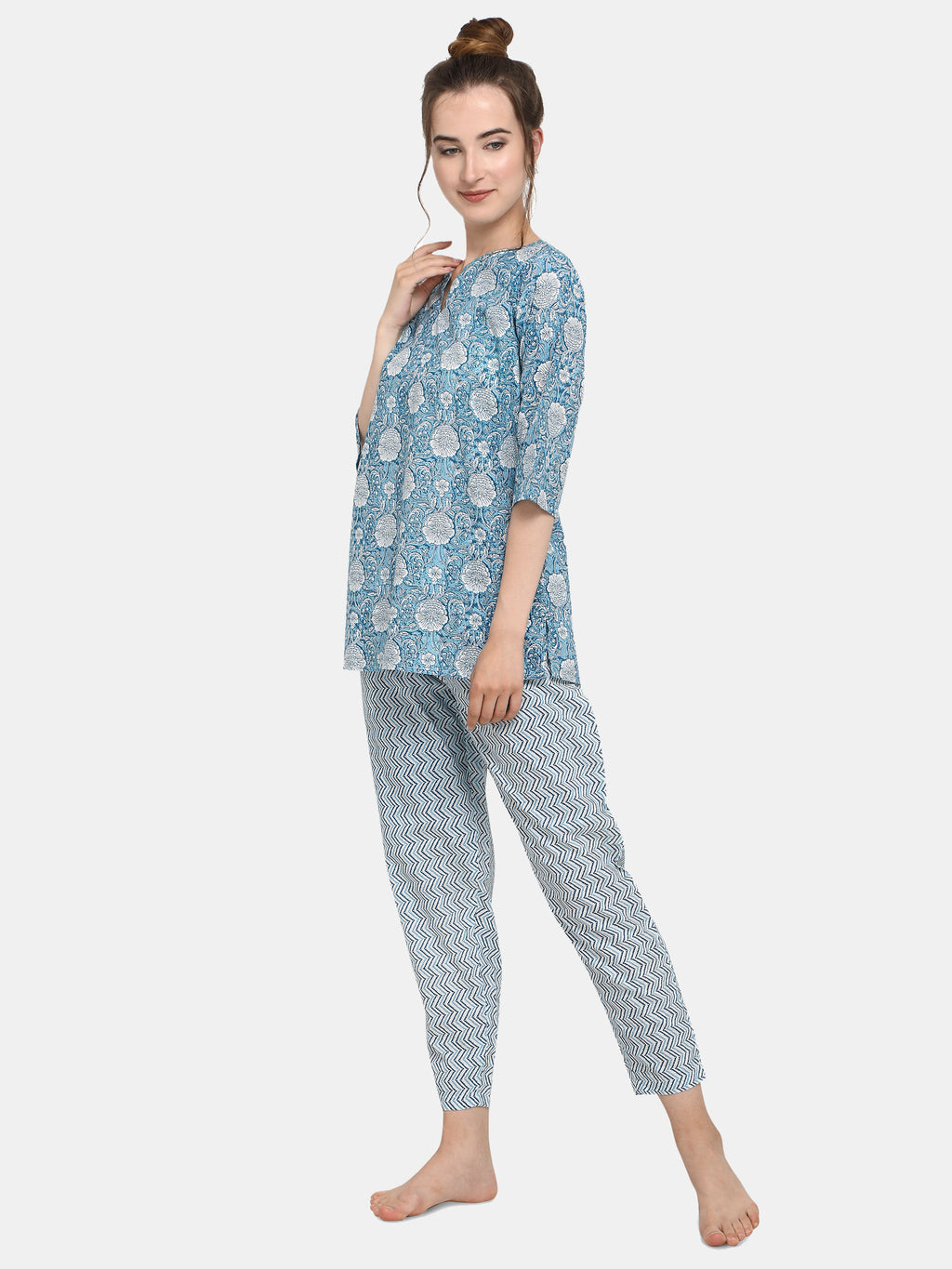 Blue Printed Top Long Nightsuit Set (MFNIGHT2536)