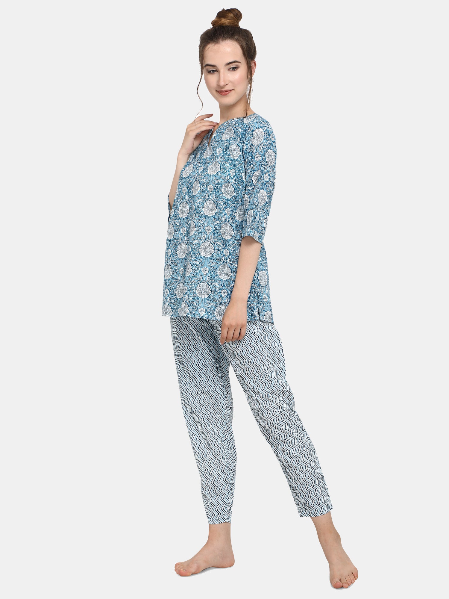 Blue Printed Top Long Nightsuit Set (MFNIGHT2536)