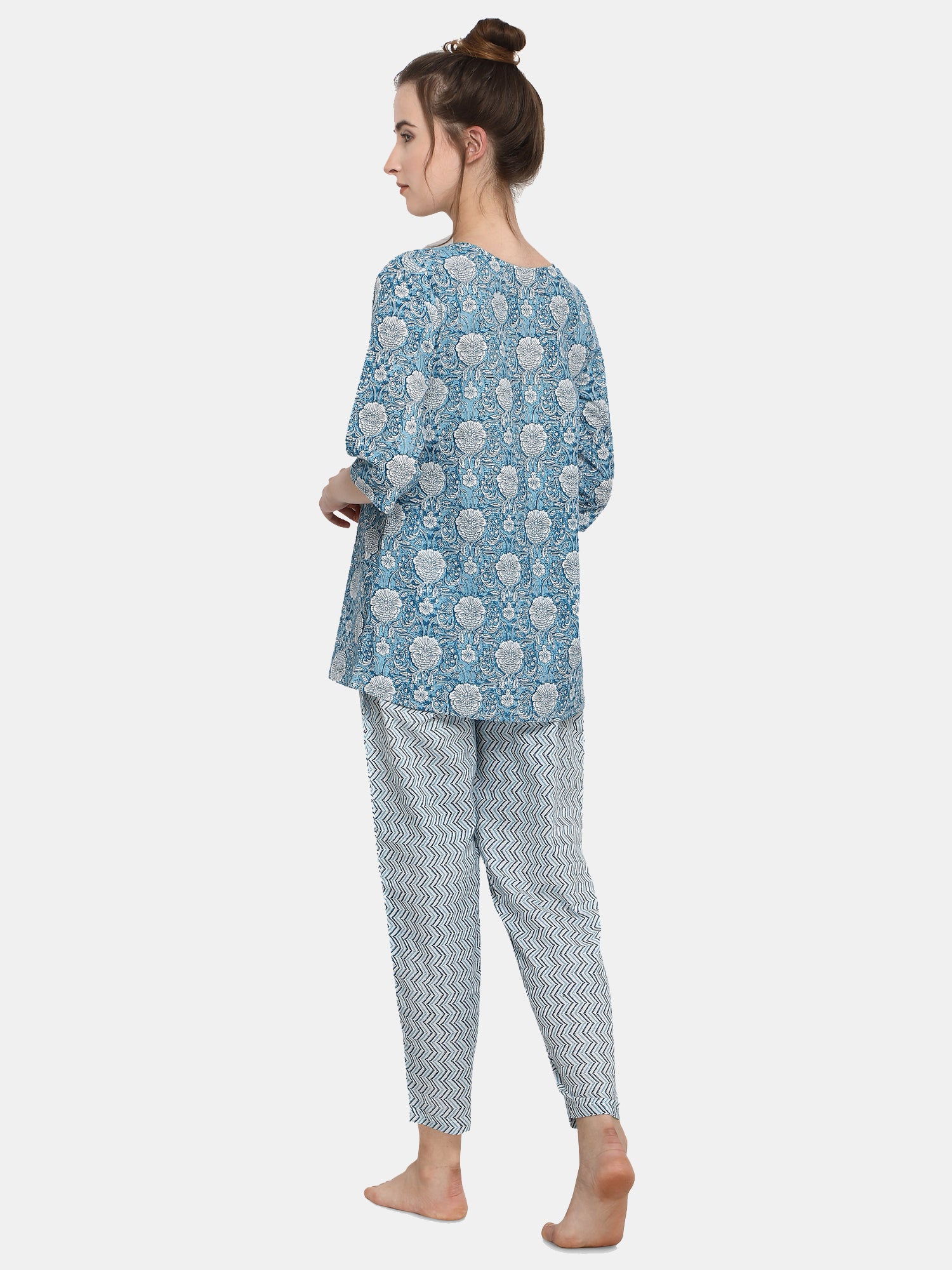 Blue Printed Top Long Nightsuit Set (MFNIGHT2536)