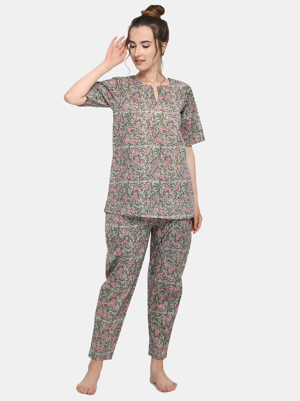 Grey Flower Printed Long Nightsuit Set (MFNIGHT2537)