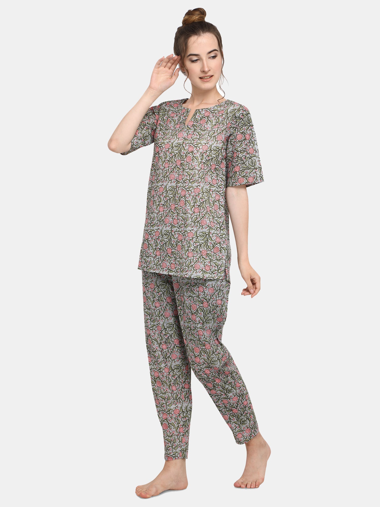 Grey Flower Printed Long Nightsuit Set (MFNIGHT2537)
