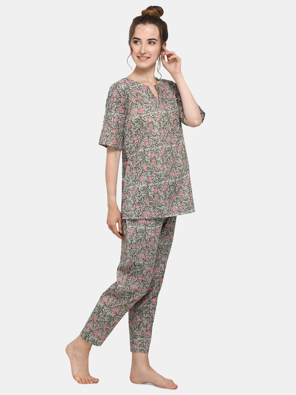 Grey Flower Printed Long Nightsuit Set (MFNIGHT2537)