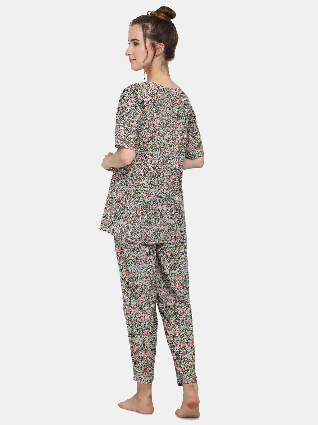 Grey Flower Printed Long Nightsuit Set (MFNIGHT2537)