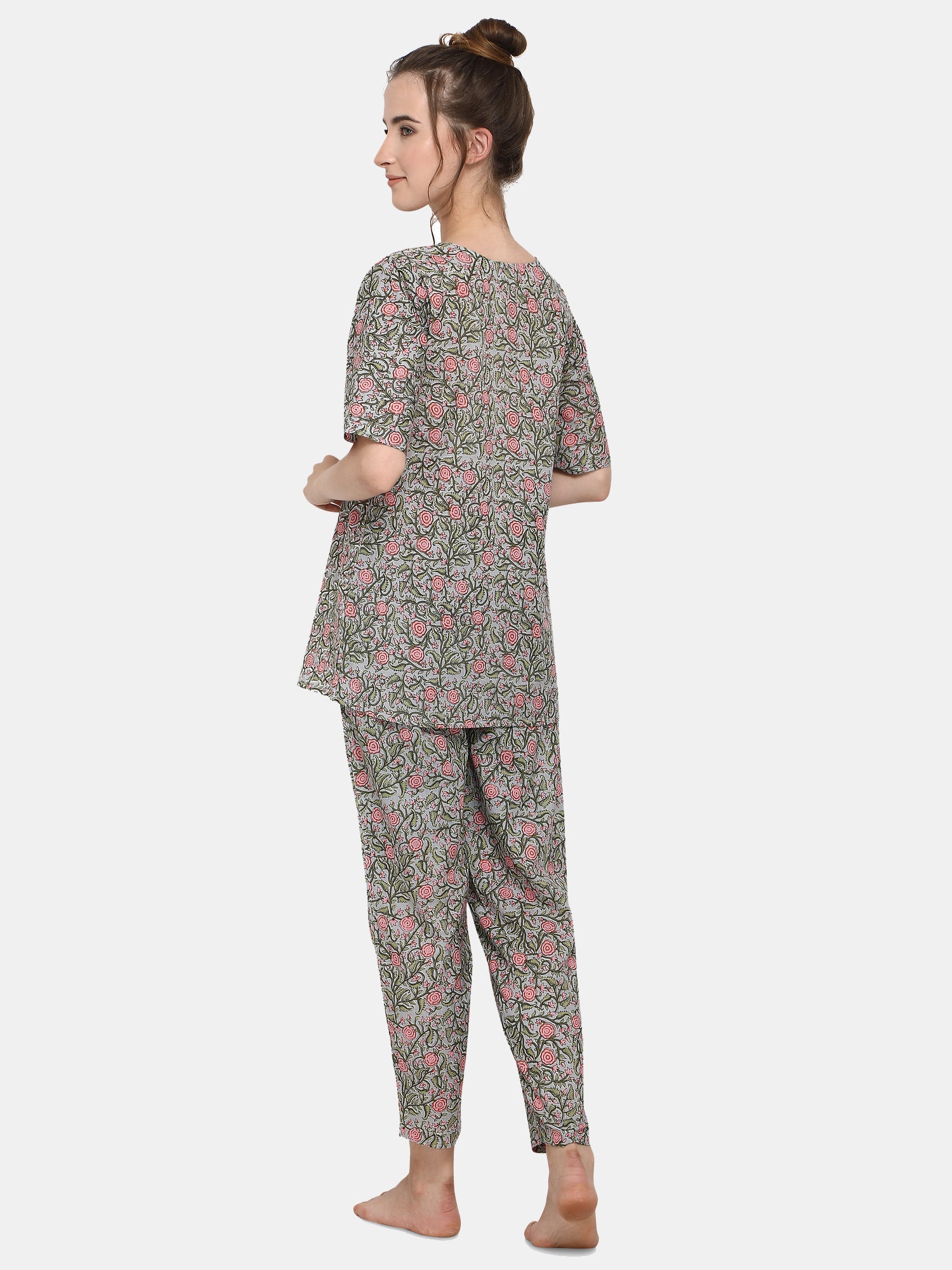 Grey Flower Printed Long Nightsuit Set (MFNIGHT2537)