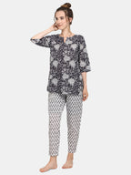 Black Printed Long Nightsuit Set (MFNIGHT2538)