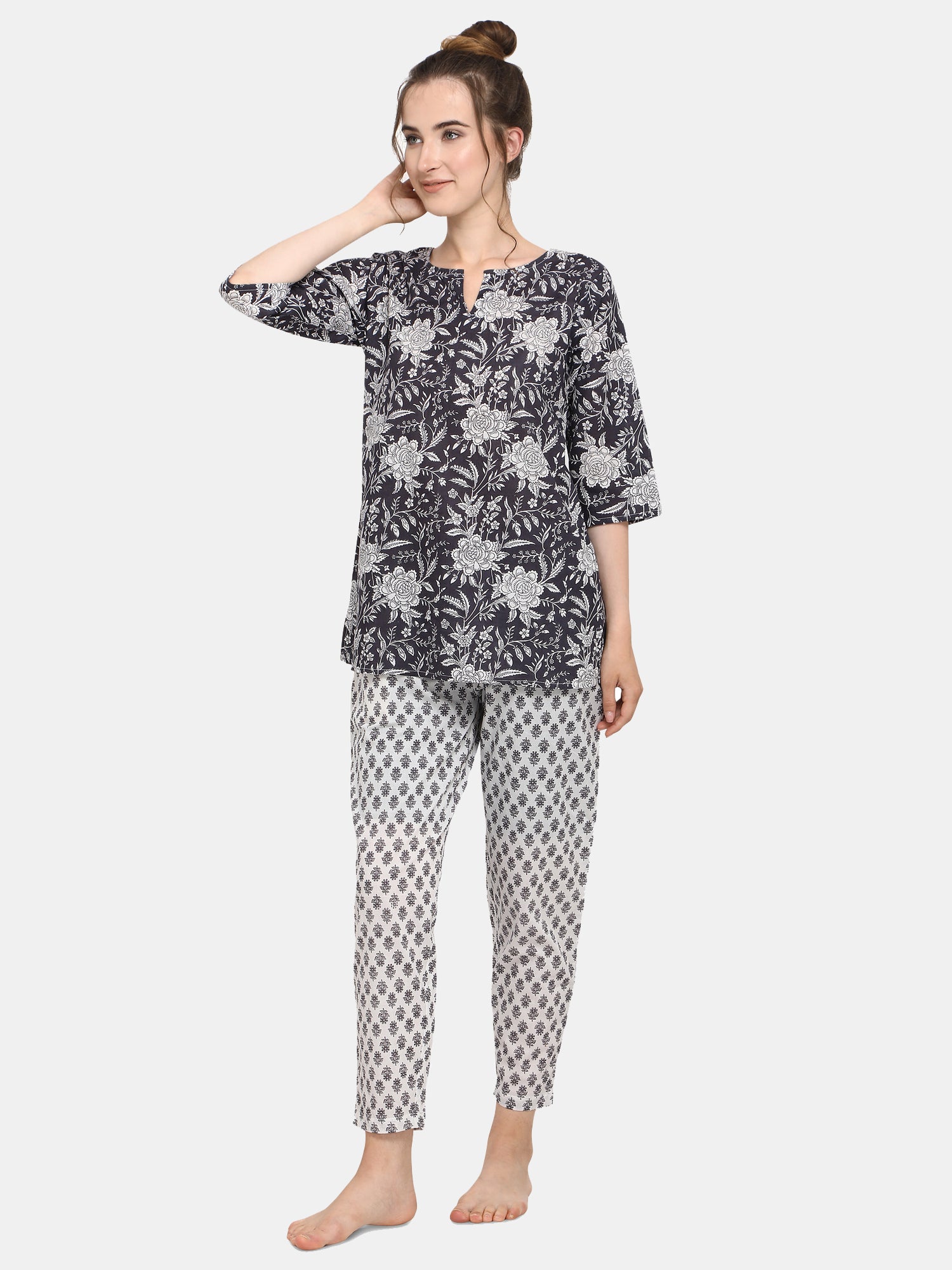 Black Printed Long Nightsuit Set (MFNIGHT2538)