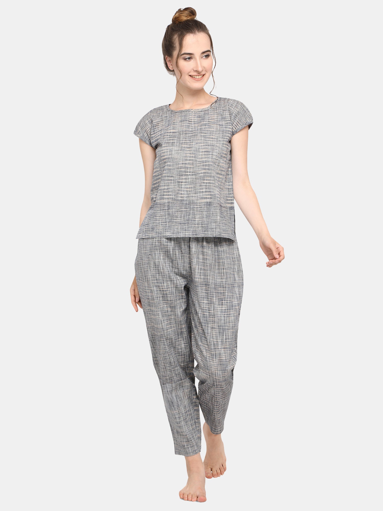 Grey Slub Cotton Long Nightsuit set (MFNIGHT2524)