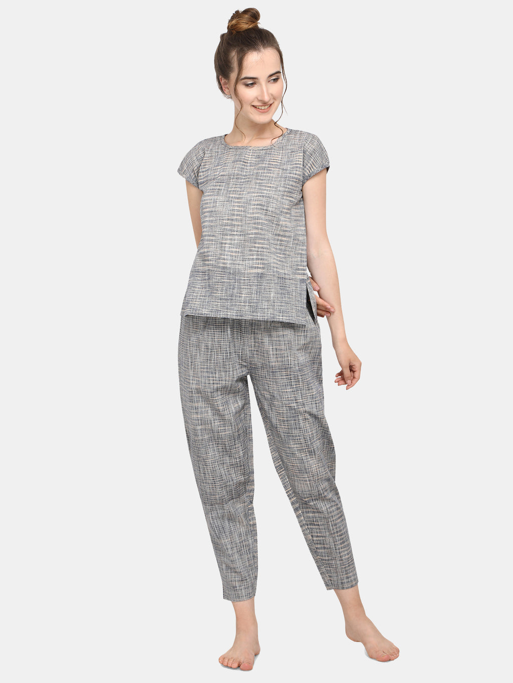 Grey Slub Cotton Long Nightsuit set (MFNIGHT2524)