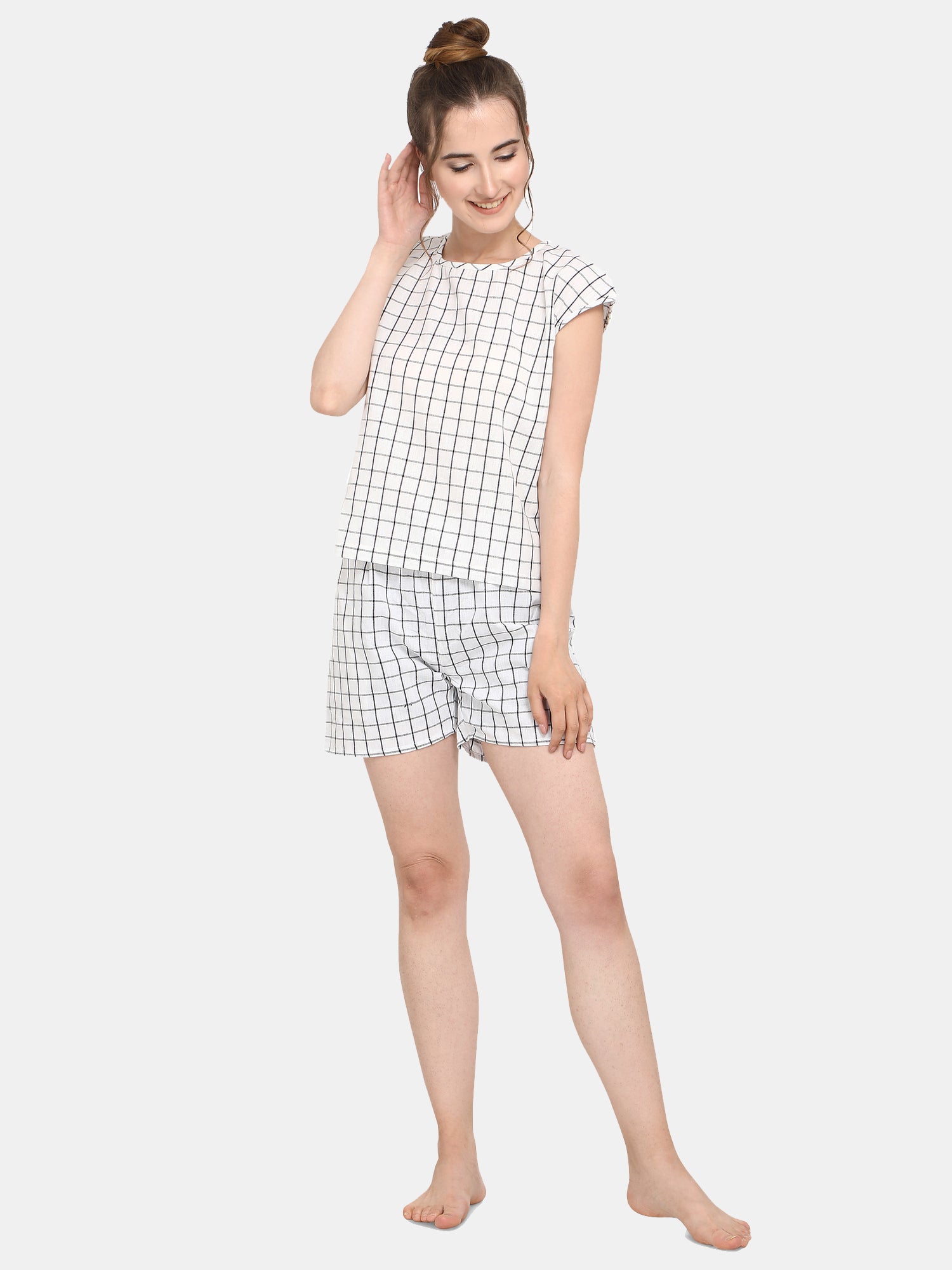 White Checkered Cotton Short Nightsuit Set (MFNIGHT2525)