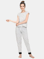 White Checkered Cotton Long Night Suit Set (MFNIGHT2526)