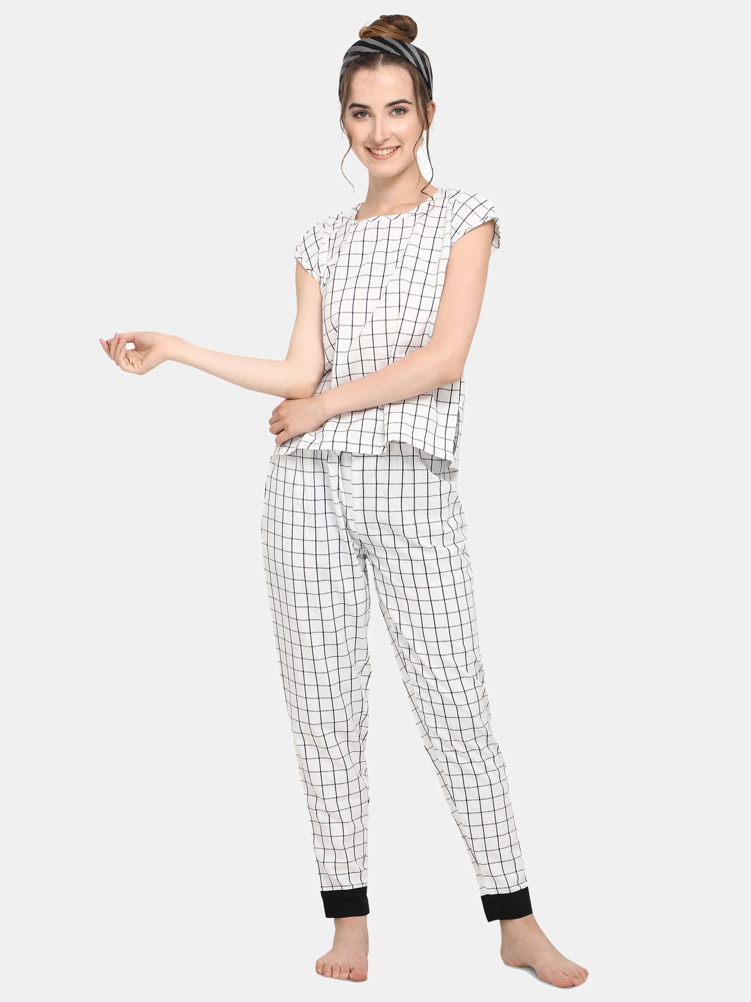 White Checkered Cotton Long Night Suit Set (MFNIGHT2526)