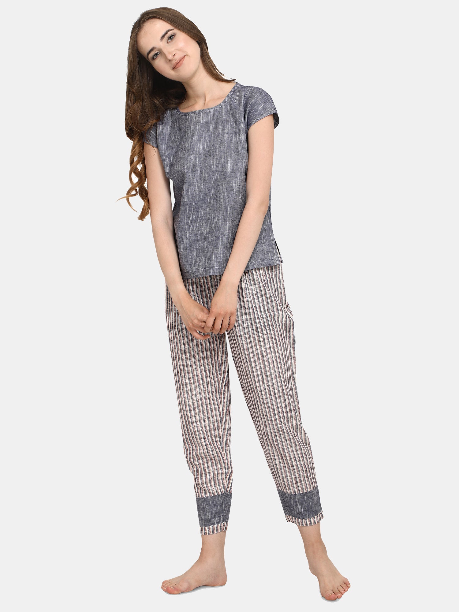 Striped Drop Shoulder Long Nightsuit Set (MFNIGHT2528)
