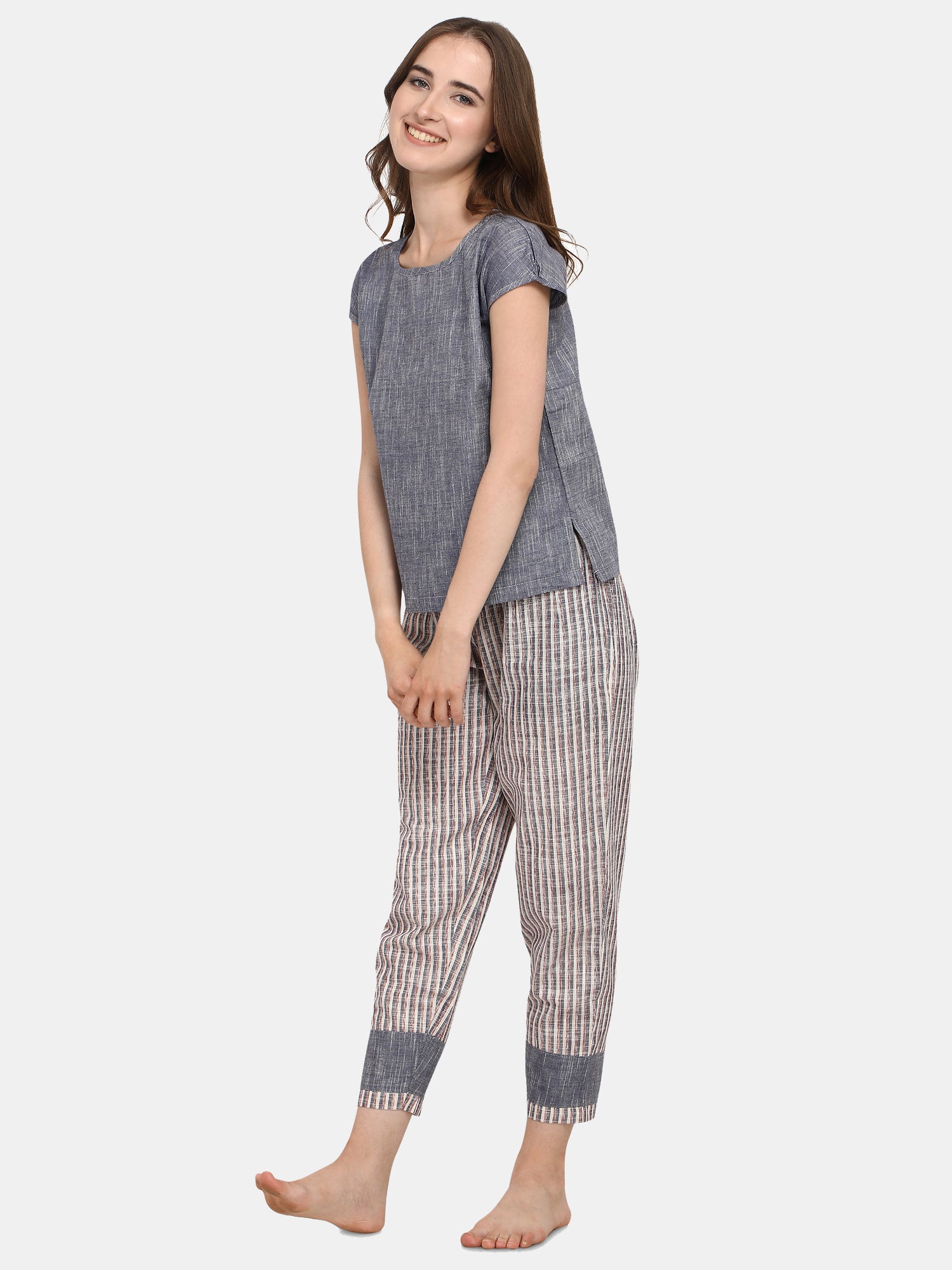 Striped Drop Shoulder Long Nightsuit Set (MFNIGHT2528)