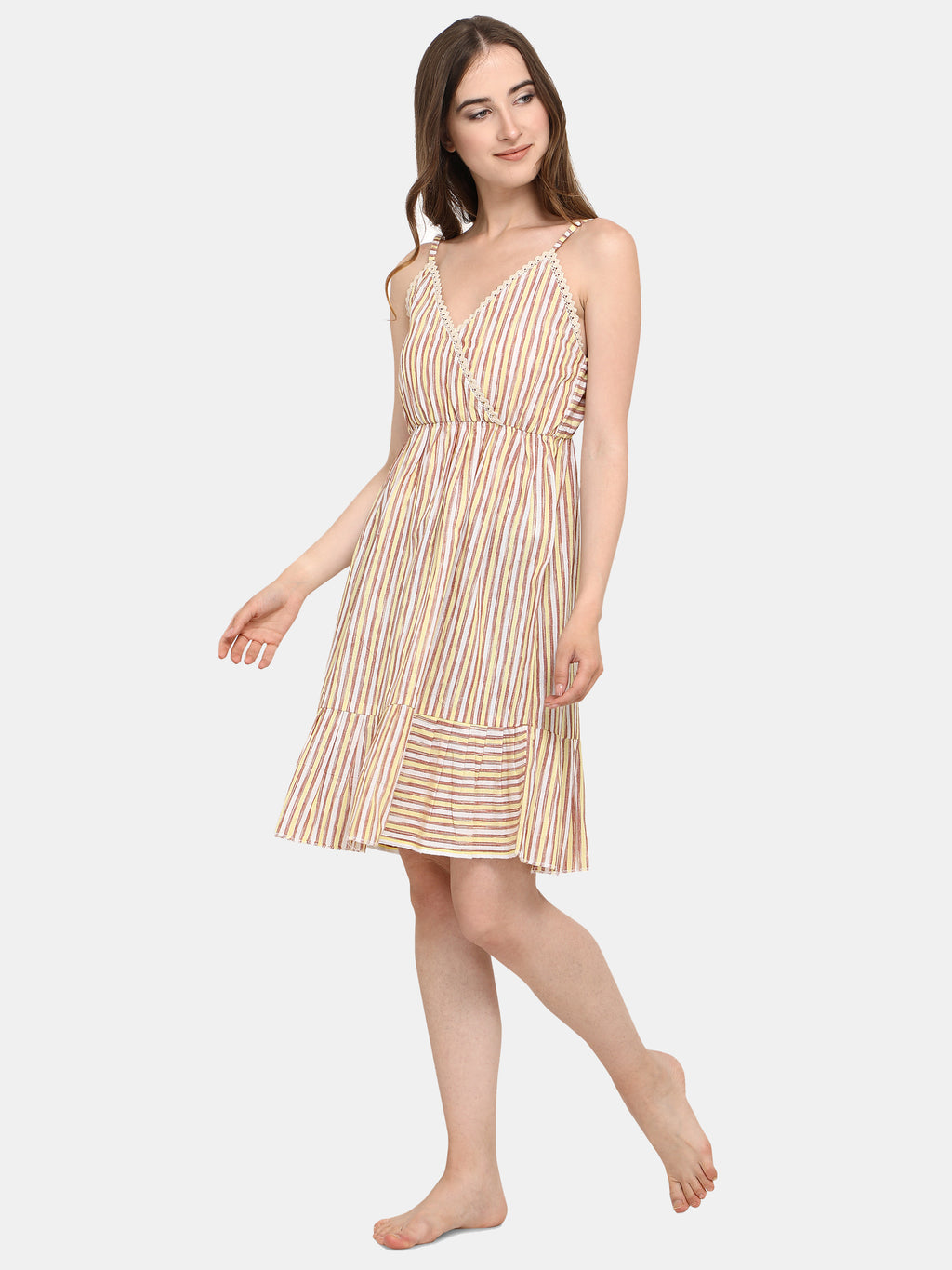 Beige Stripe Cotton Nighty (MFNIGHT2534)