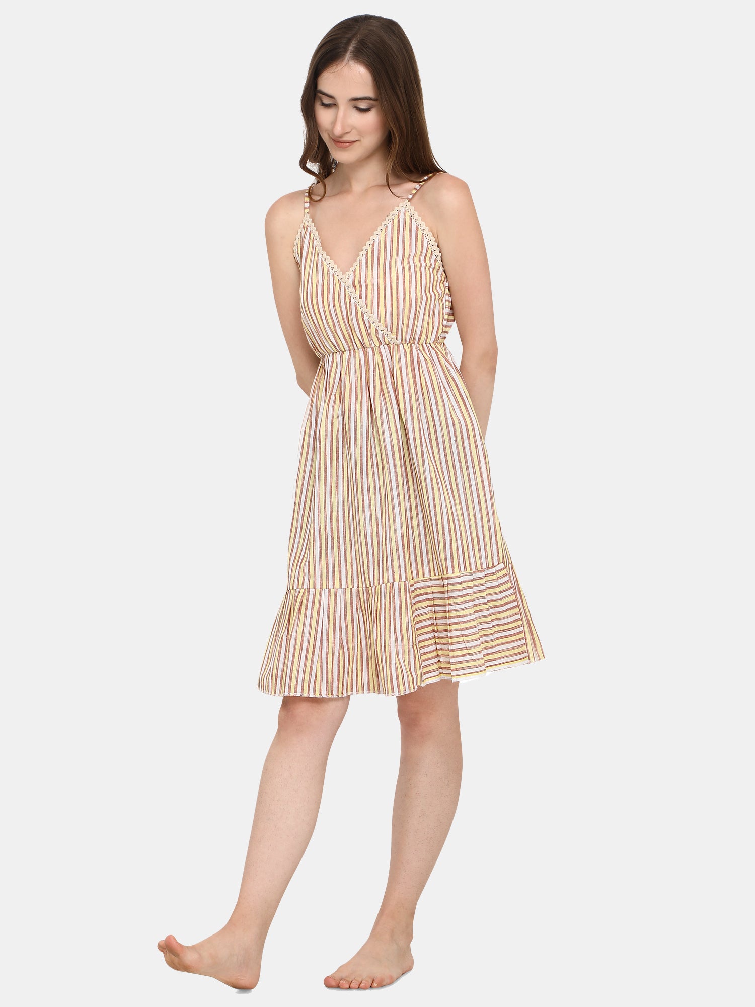 Beige Stripe Cotton Nighty (MFNIGHT2534)