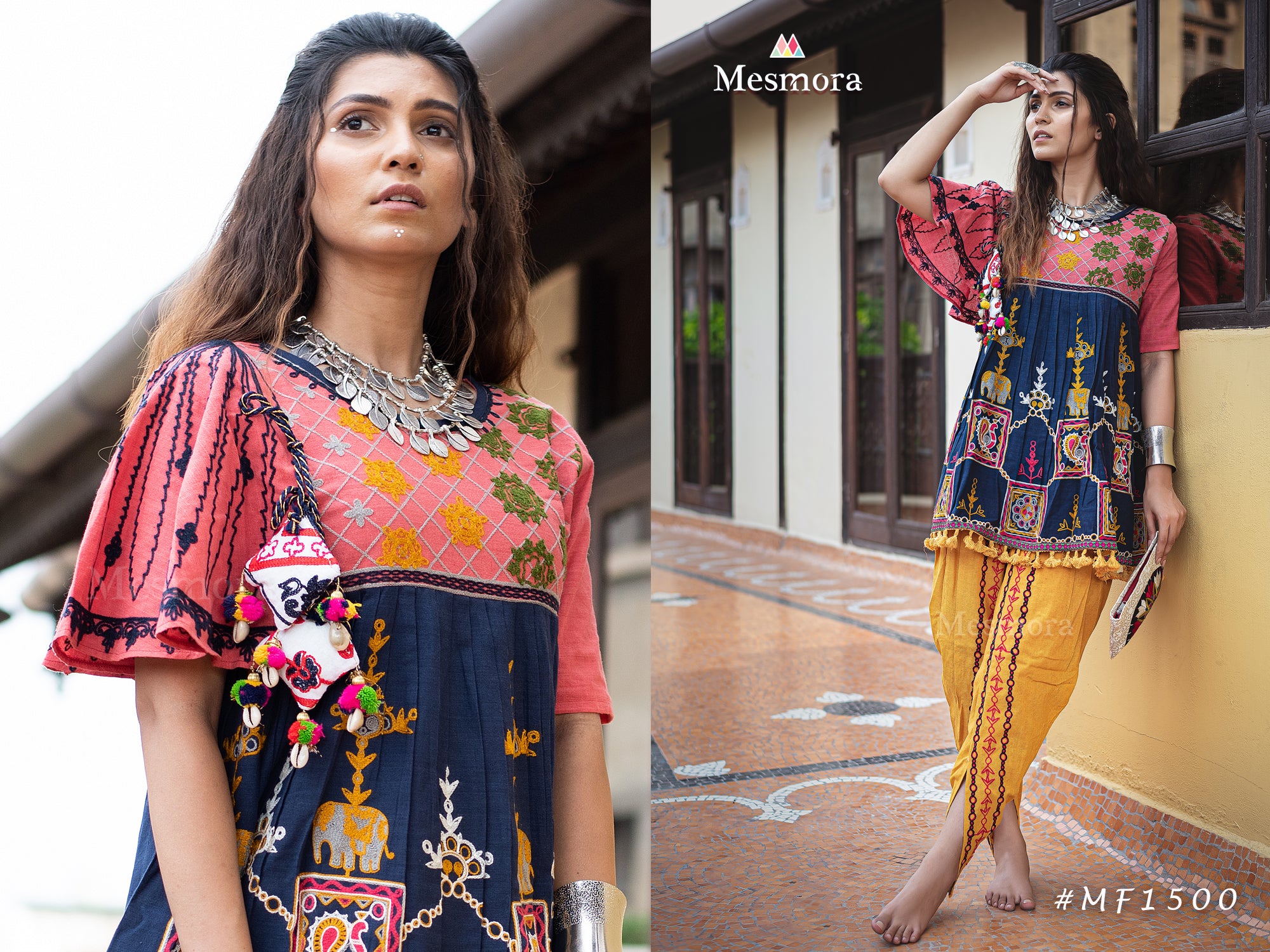 Navy blue Handloom Cotton Embroidered kedia with one side umbrella sleeve and tulip pants set (MF1500)
