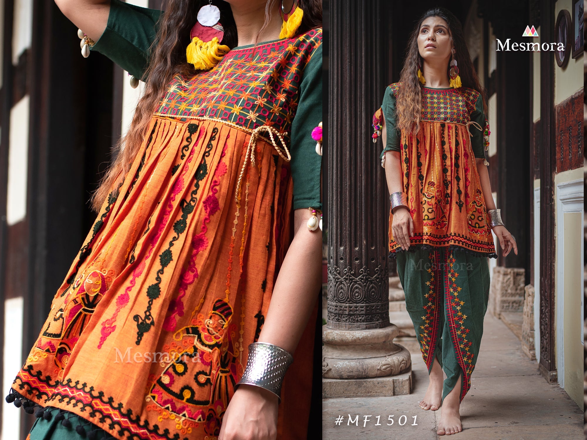 Deep green and orange rajathani dhingli couple embroidered kedia and tulip pants set (MF1501)