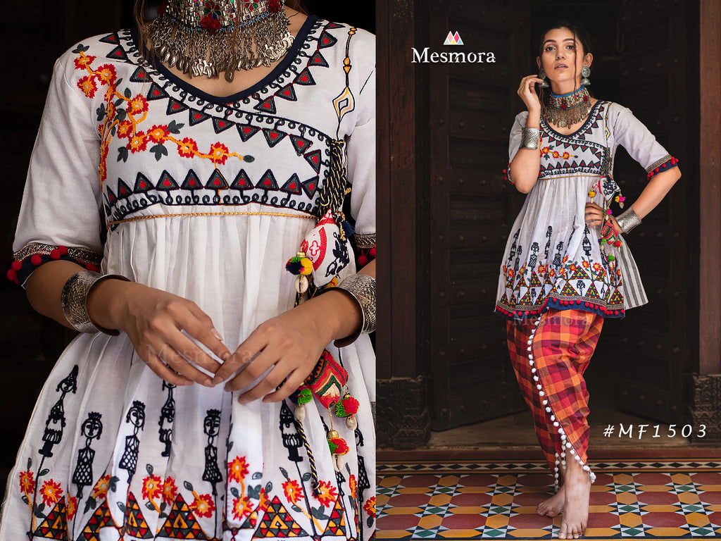 Pure white angarkha yoke dhingli embroidered kedia and chex tulip pants set (MF1503)