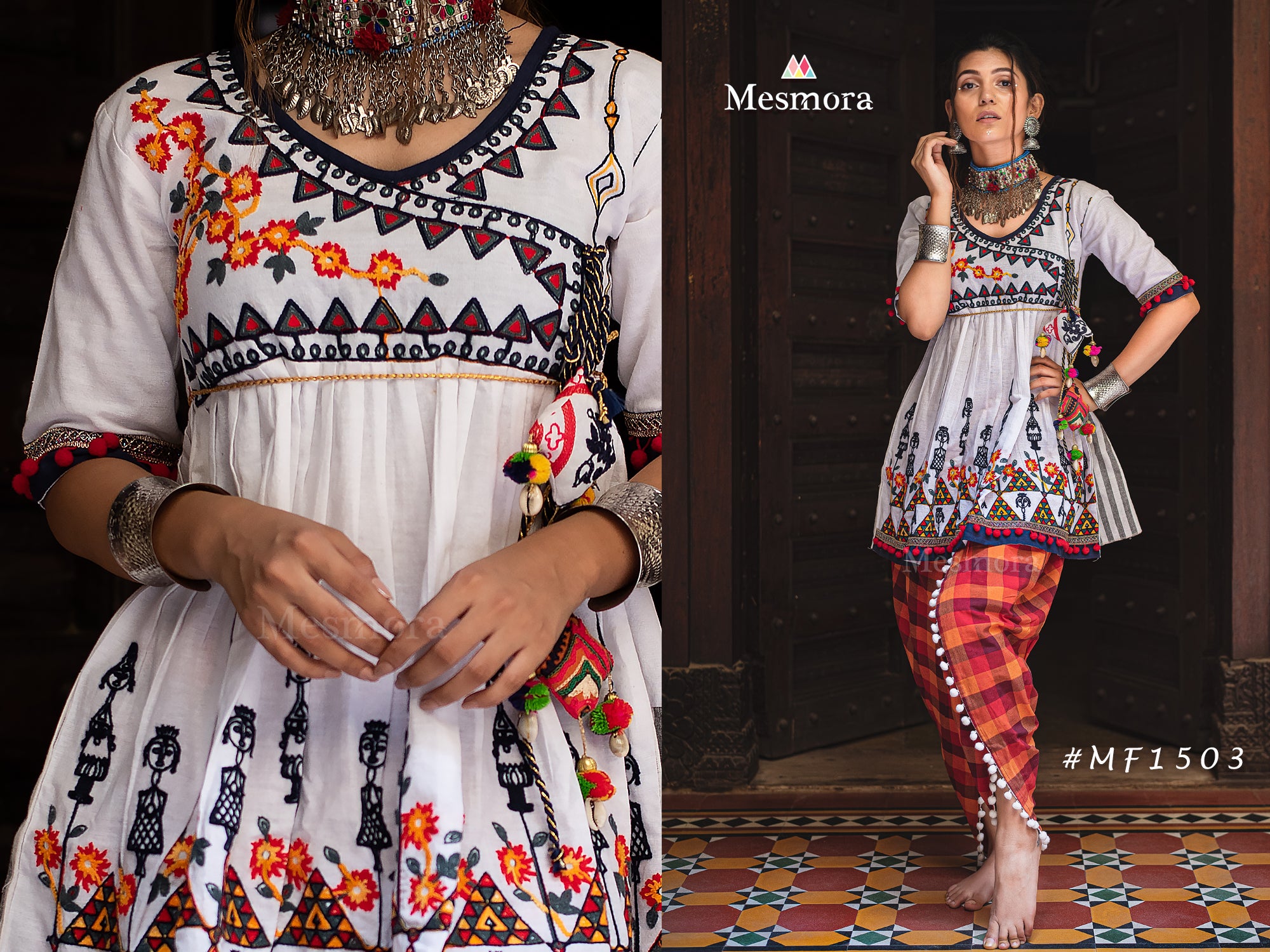 Pure white angarkha yoke dhingli embroidered kedia and chex tulip pants set (MF1503)