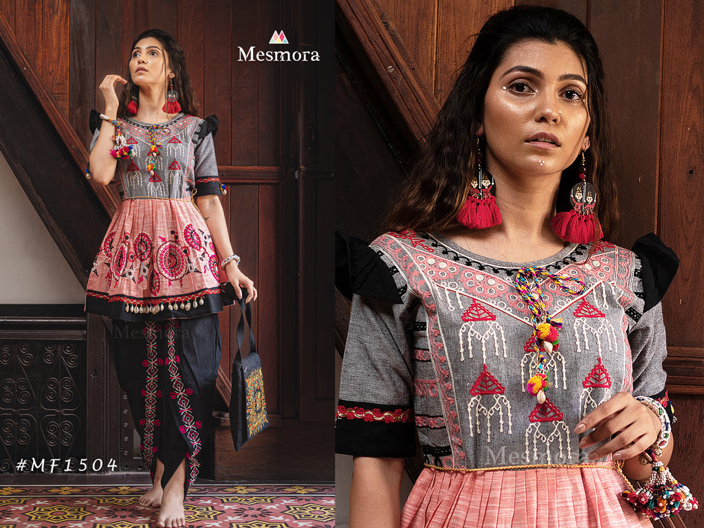 Peach and grey yoke tiny chandilier embroidered Handloom Cotton kedia and black tulip pants set (MF1504)
