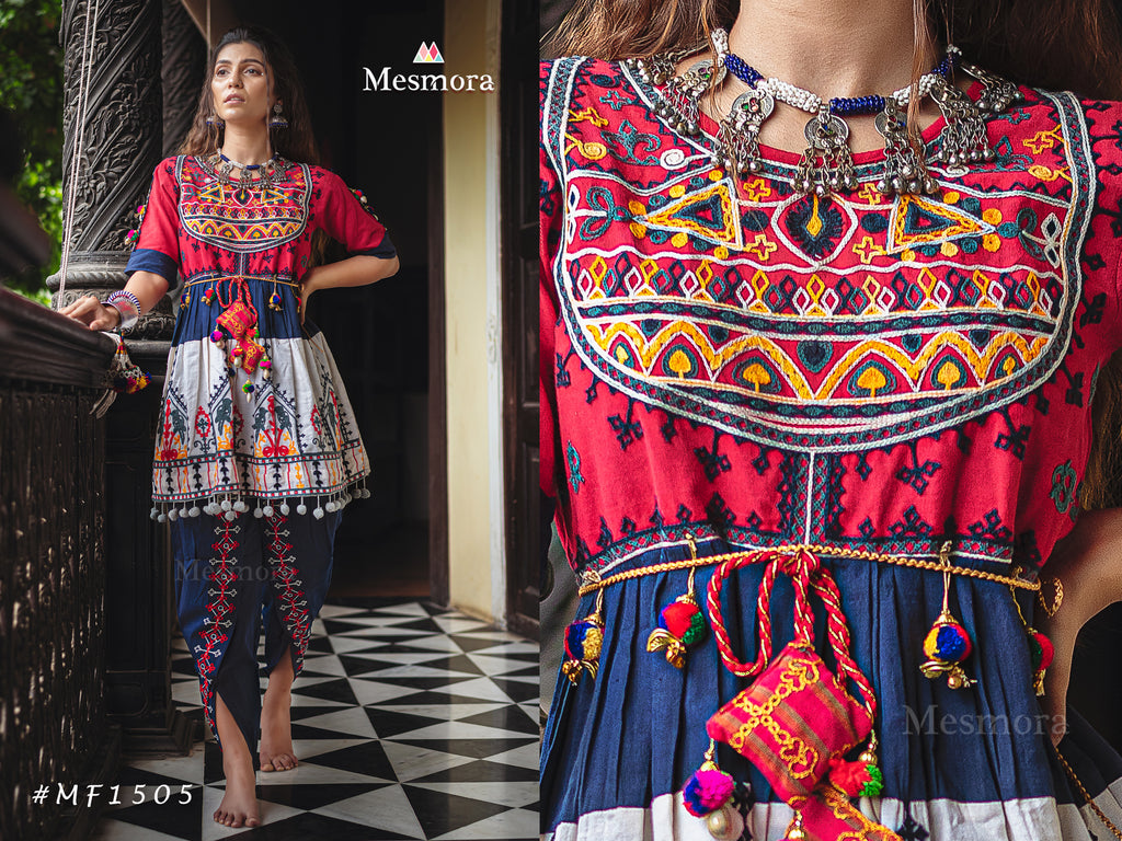 Red yoke and Parrot motif panel embroidered keida and navy blue tulip pants set (MF1505)