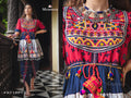 Red yoke and Parrot motif panel embroidered keida and navy blue tulip pants set (MF1505)