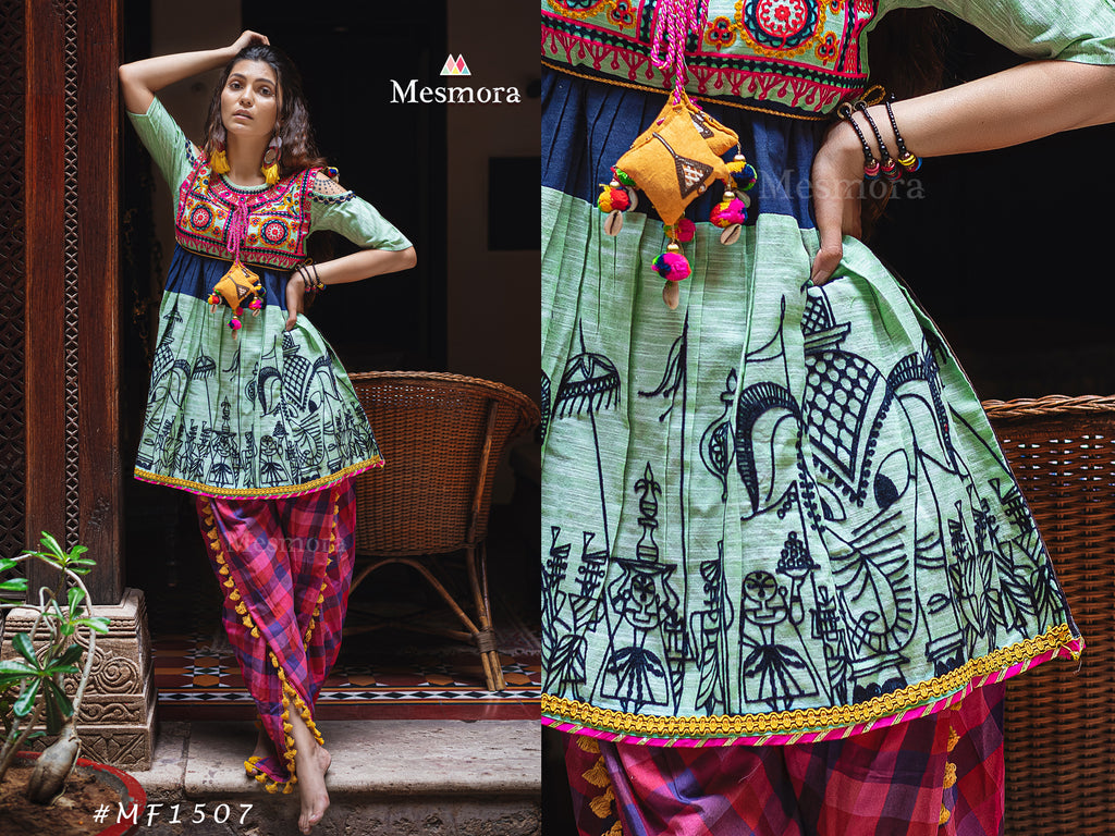Parrot Green Elephant Embroidered yoke colorful kedia and pink chex tulip pants (MF1507)