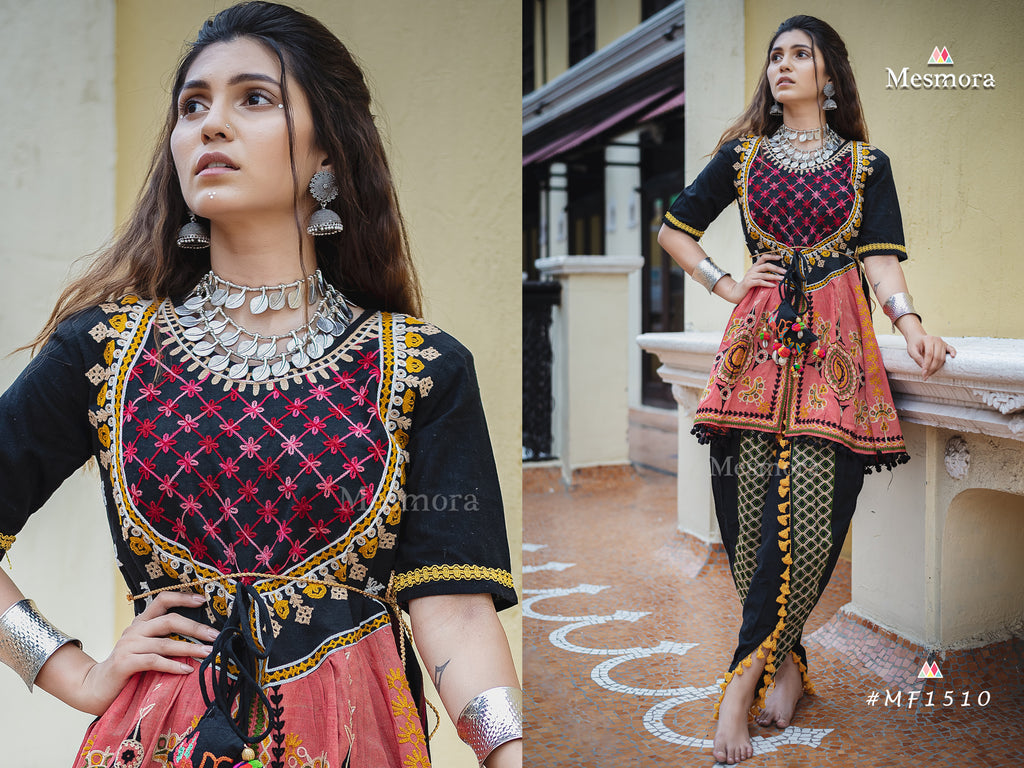 Black maharani yoke embroidered colorful kedia with black tulip pant (MF1510)
