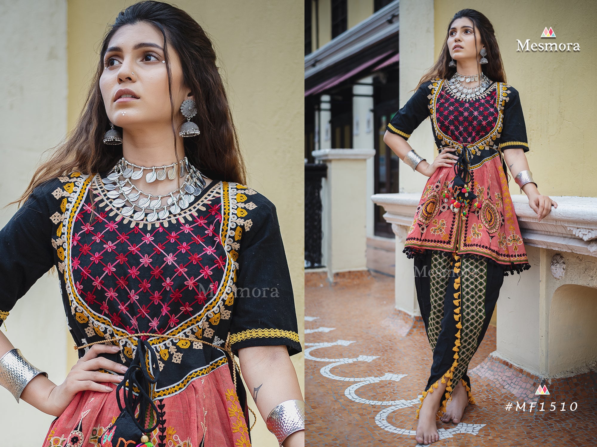 Black maharani yoke embroidered colorful kedia with black tulip pant (MF1510)