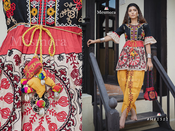 Black and beige circular embroidered kedia with yellow tulip pant (MF1511)
