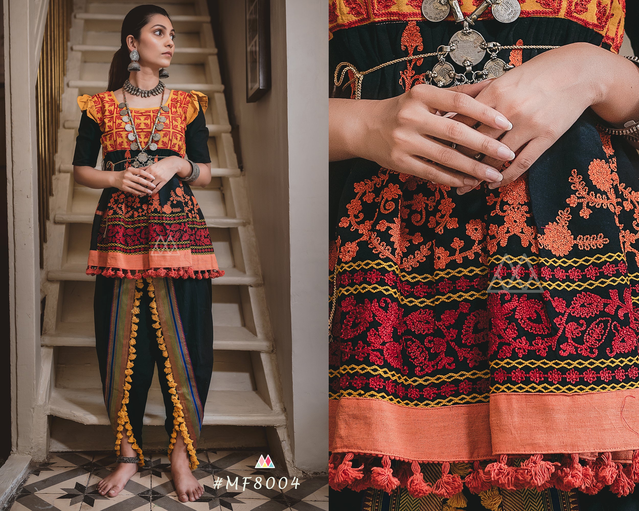 Black yellow unique Handloom Cotton  kedia with baby yoke and pants set (MF8004)