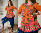 Orange elephant motif kedia set with tulip pants (MF8010)