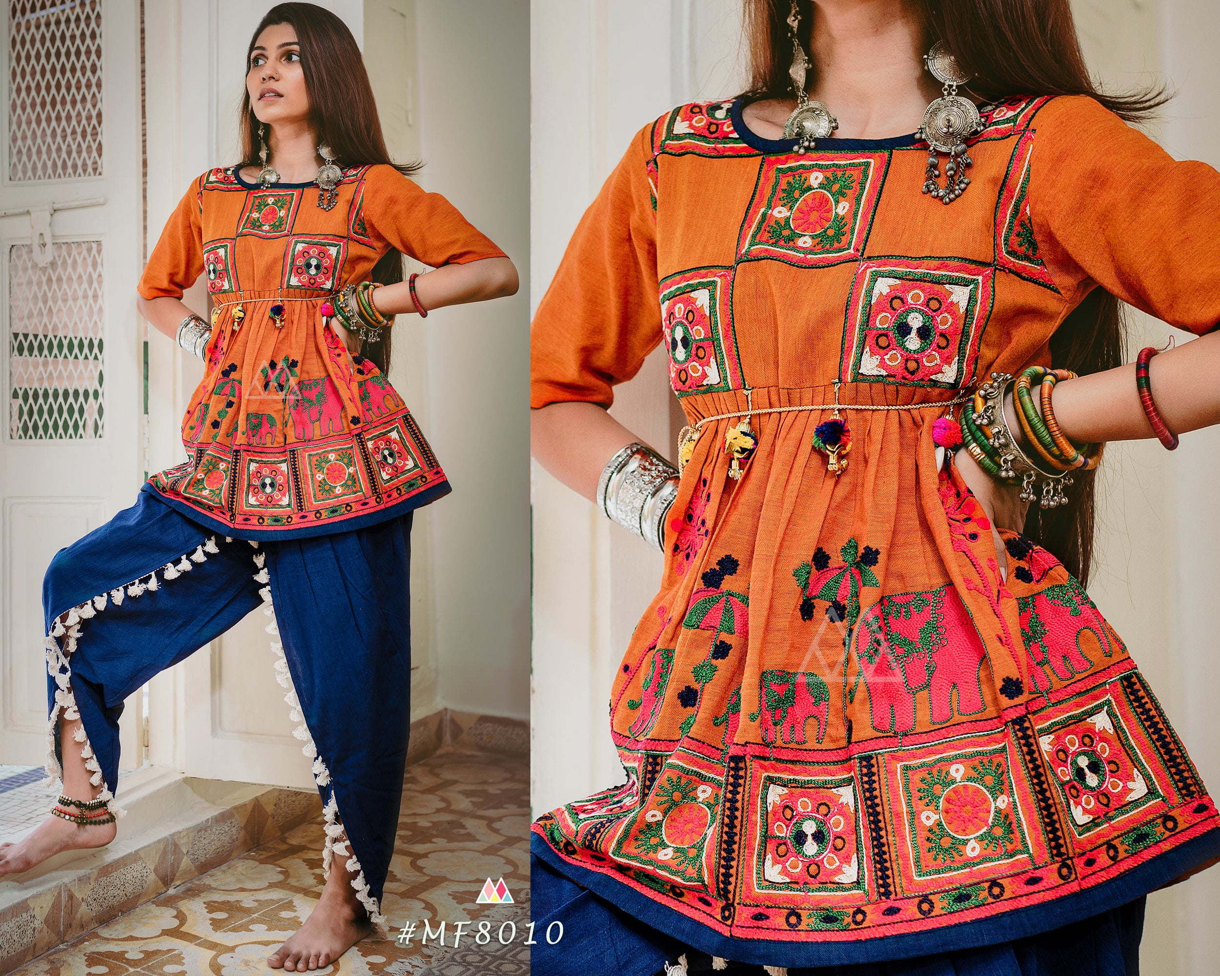 Orange elephant motif kedia set with tulip pants (MF8010)