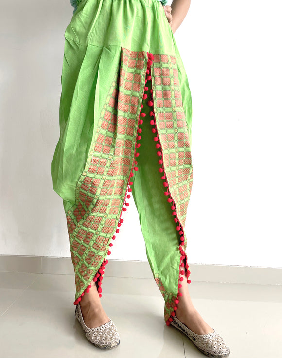 Parrot Green dhoti with red pomom and embroidery detailing (MFDHOTI14)