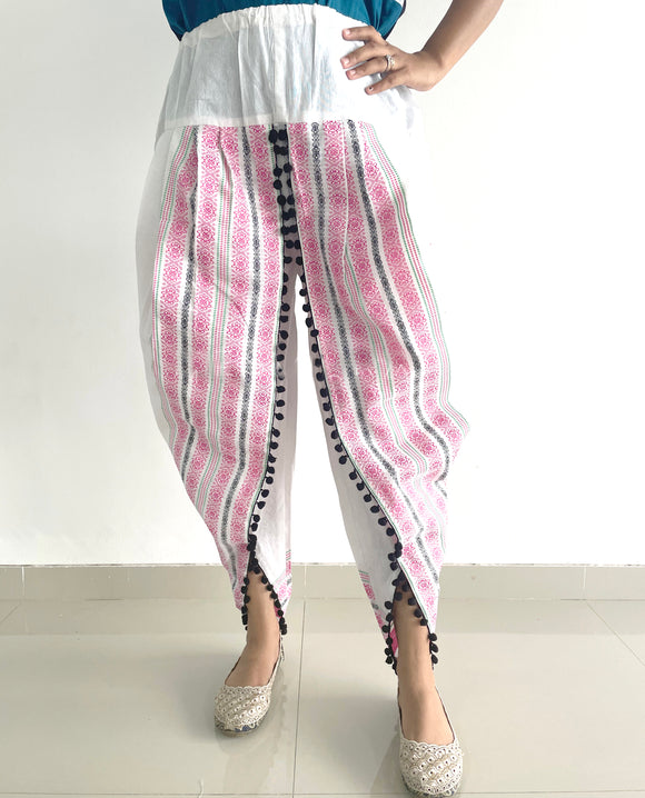 White dhoti with pink print and black pompom detialing (MFDHOTI21)
