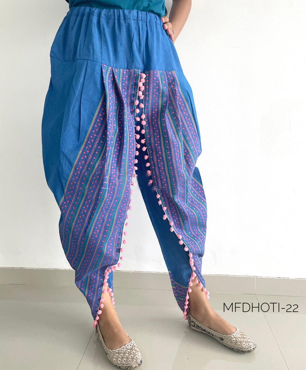 Blue Dhoti with pink print and pink pom pom detailing (MFDHOTI22)
