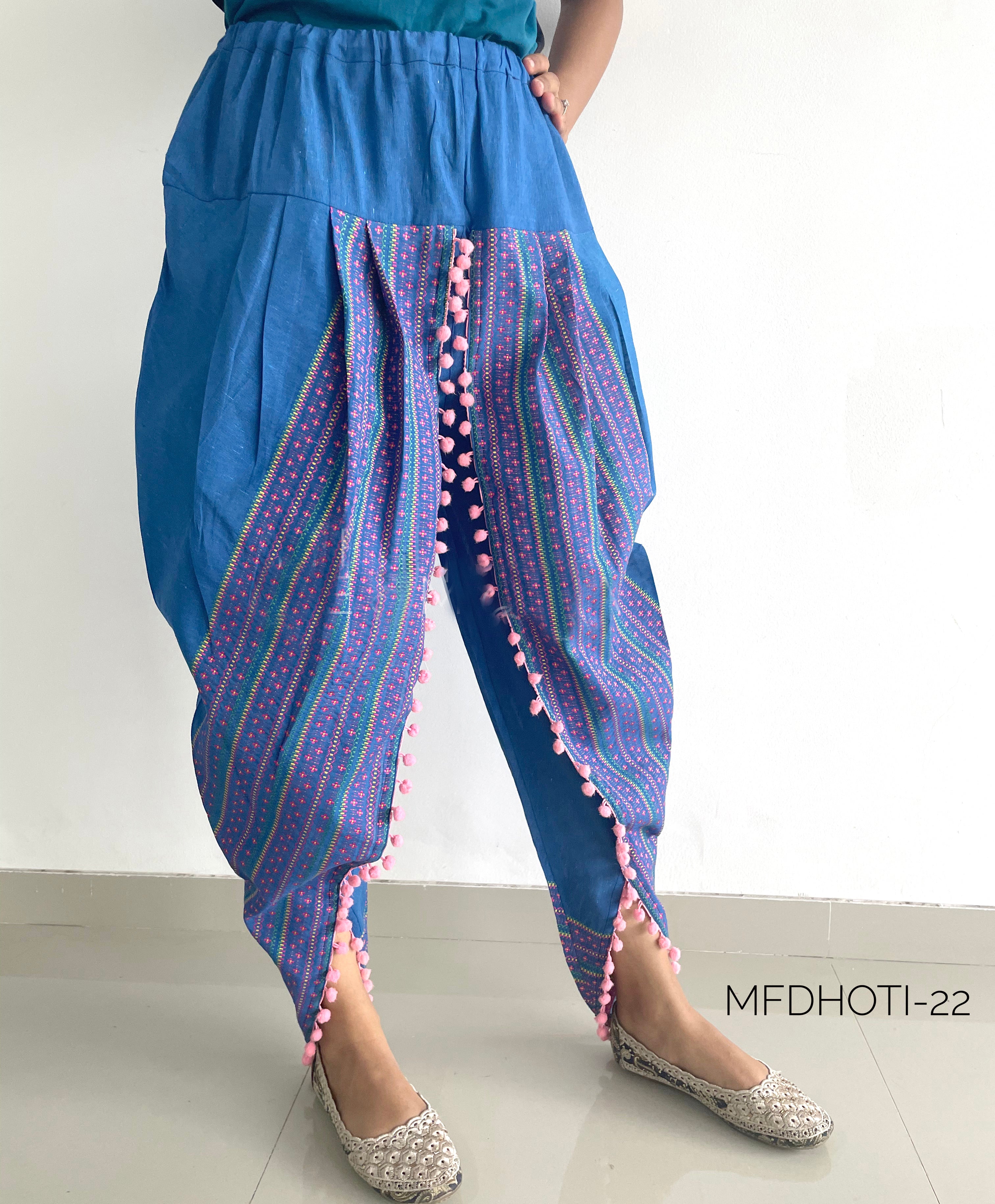 Blue Dhoti with pink print and pink pom pom detailing (MFDHOTI22)