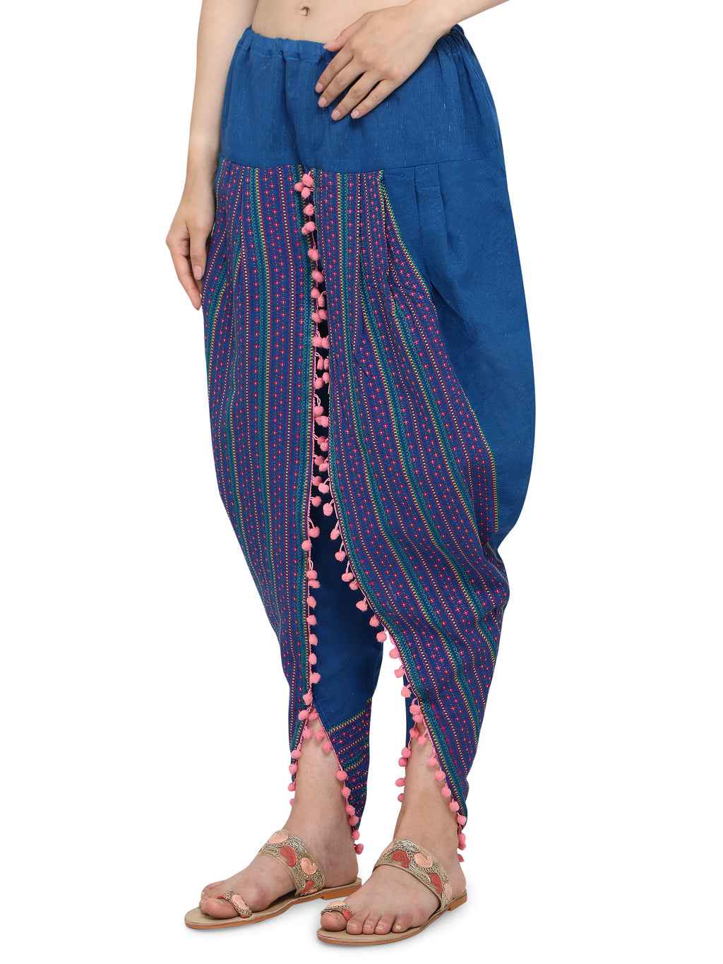 Blue Dhoti with pink print and pink pom pom detailing (MFDHOTI22)