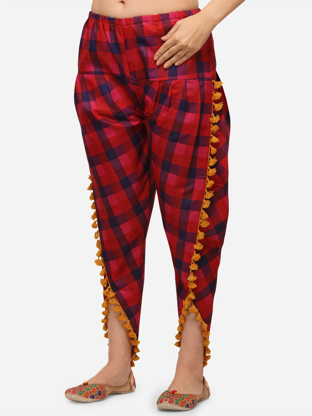 Black and Red Check Dhoti with Pompom Detailing (MFDHOTI02)