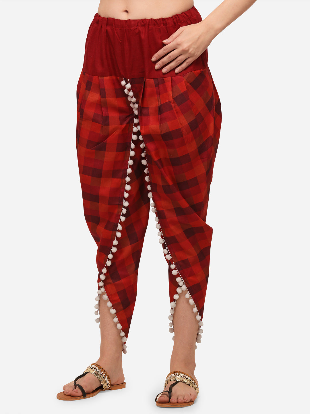 Red and Maroon check dhoti with pompon lace (MFDHOTI06)