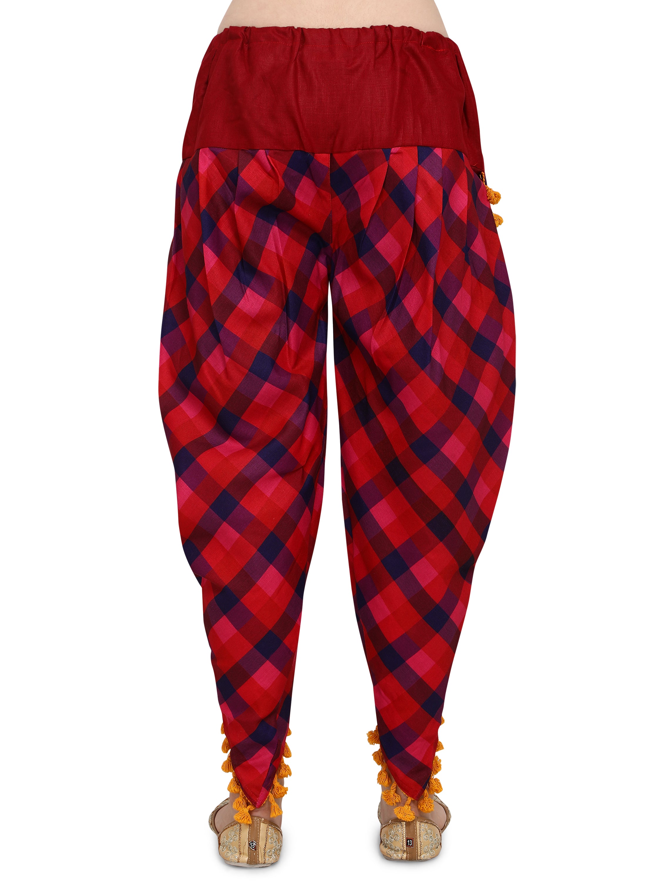 Red and Maroon check dhoti with pompon lace (MFDHOTI06)
