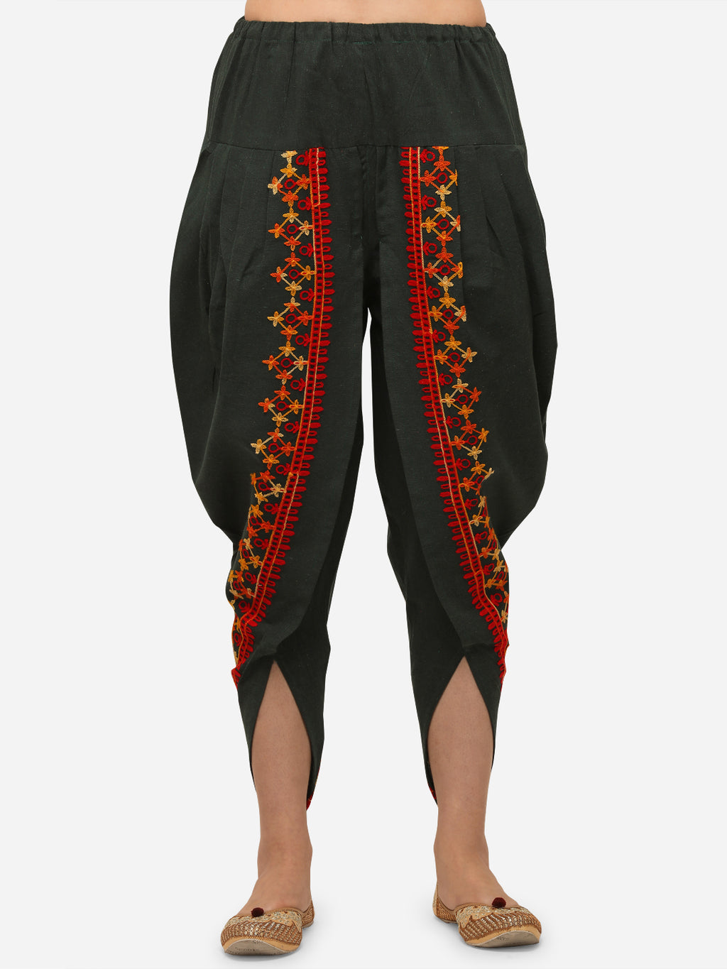 Bottle Green dhoti with Multicoloured embroidery at the edges (MFDHOTI08)