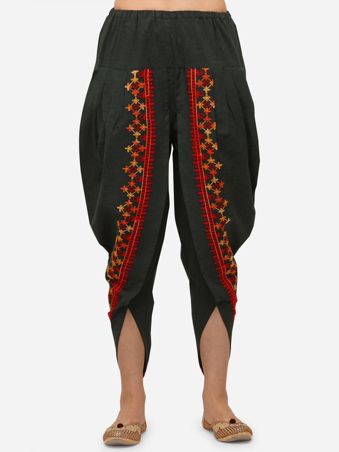 Bottle Green dhoti with Multicoloured embroidery at the edges (MFDHOTI08)