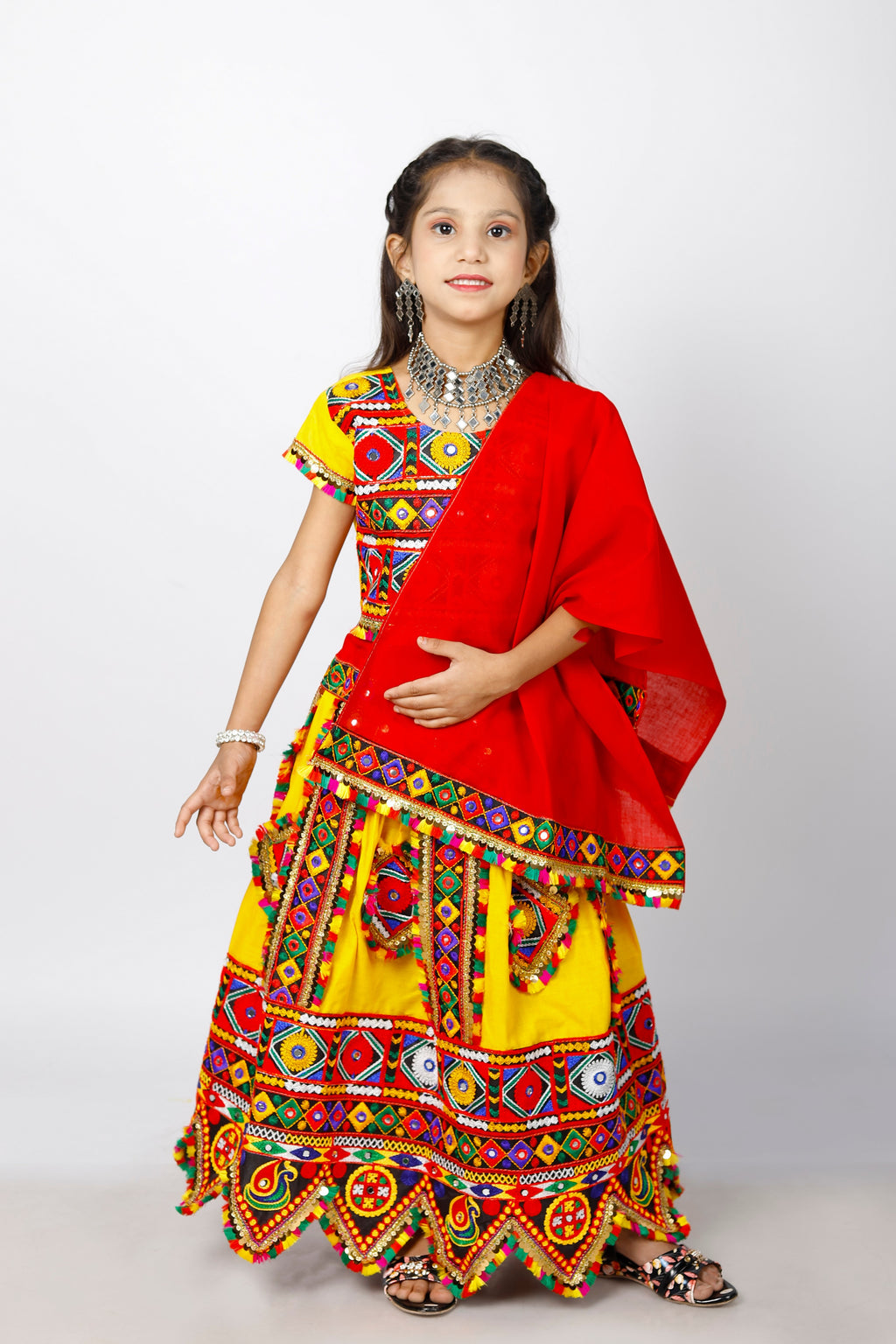 Banjara India Kutchi Emboidered Black Girls Chaniya Choli with Dupatta (CC-PTW) - Yellow