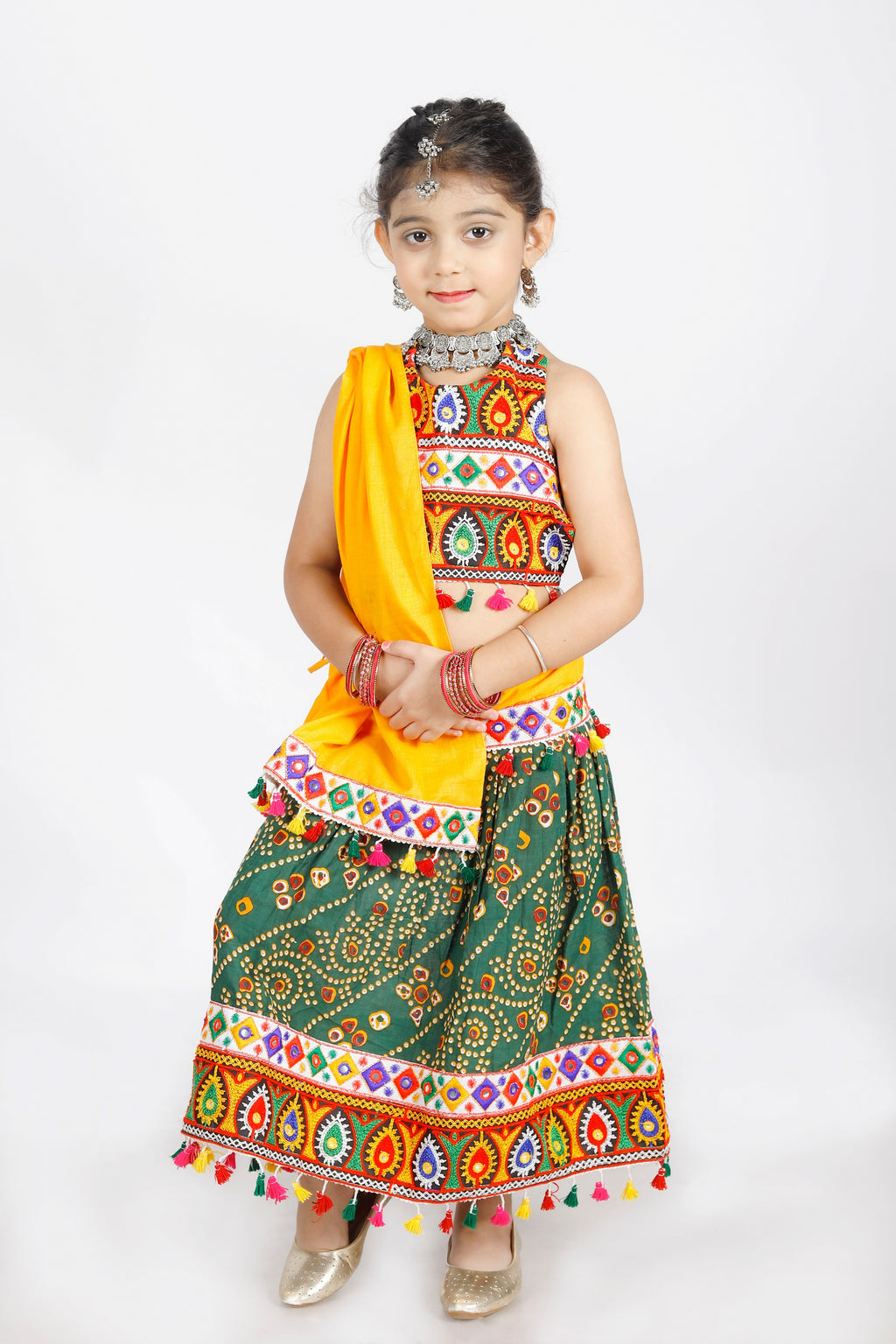 Banjara India Kutchi Emboidered Black Girls Chaniya Choli with Dupatta (CC-RJS) - Green
