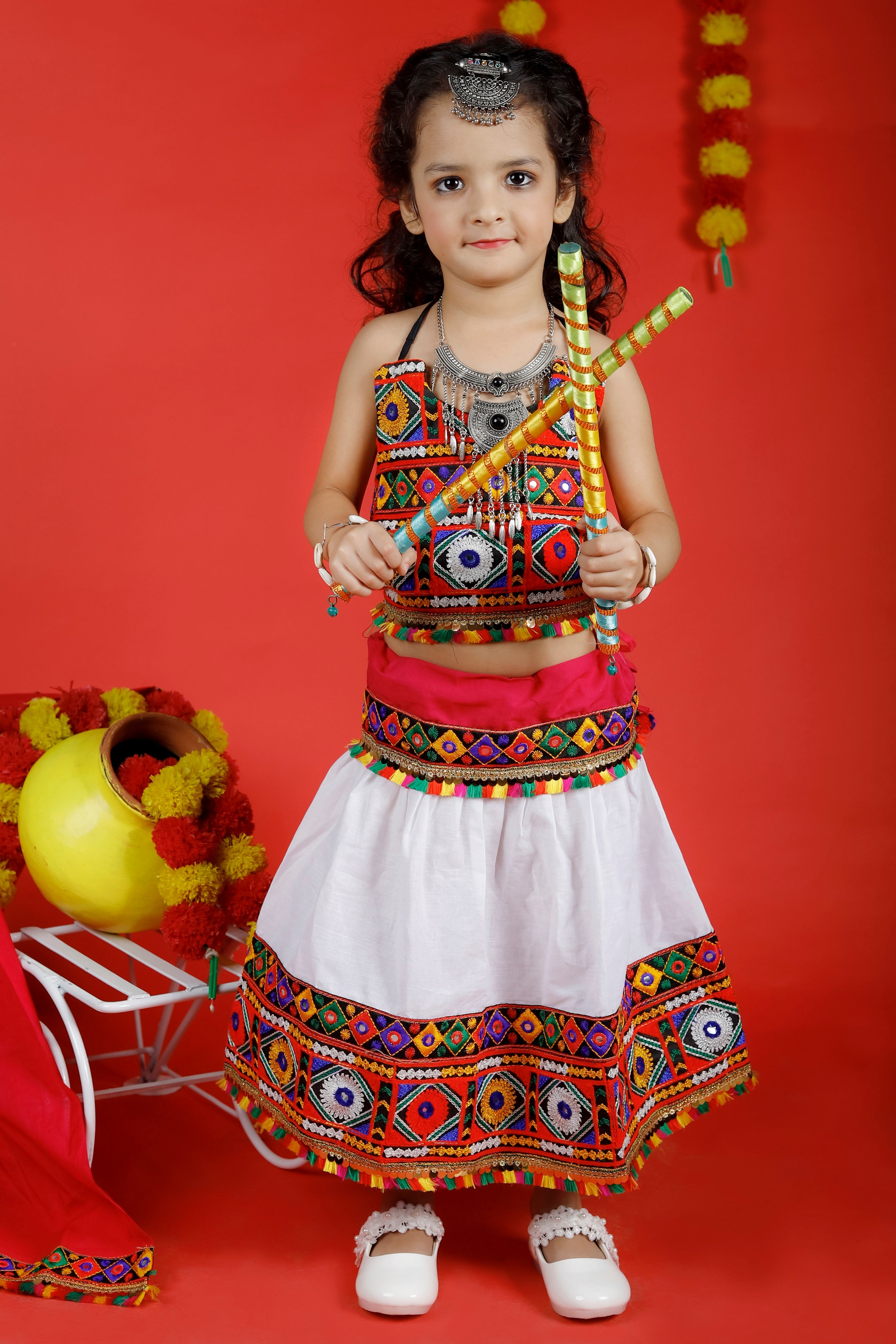 Banjara India Kutchi Emboidered Black Girls Chaniya Choli with Dupatta (CC-DMN) - White