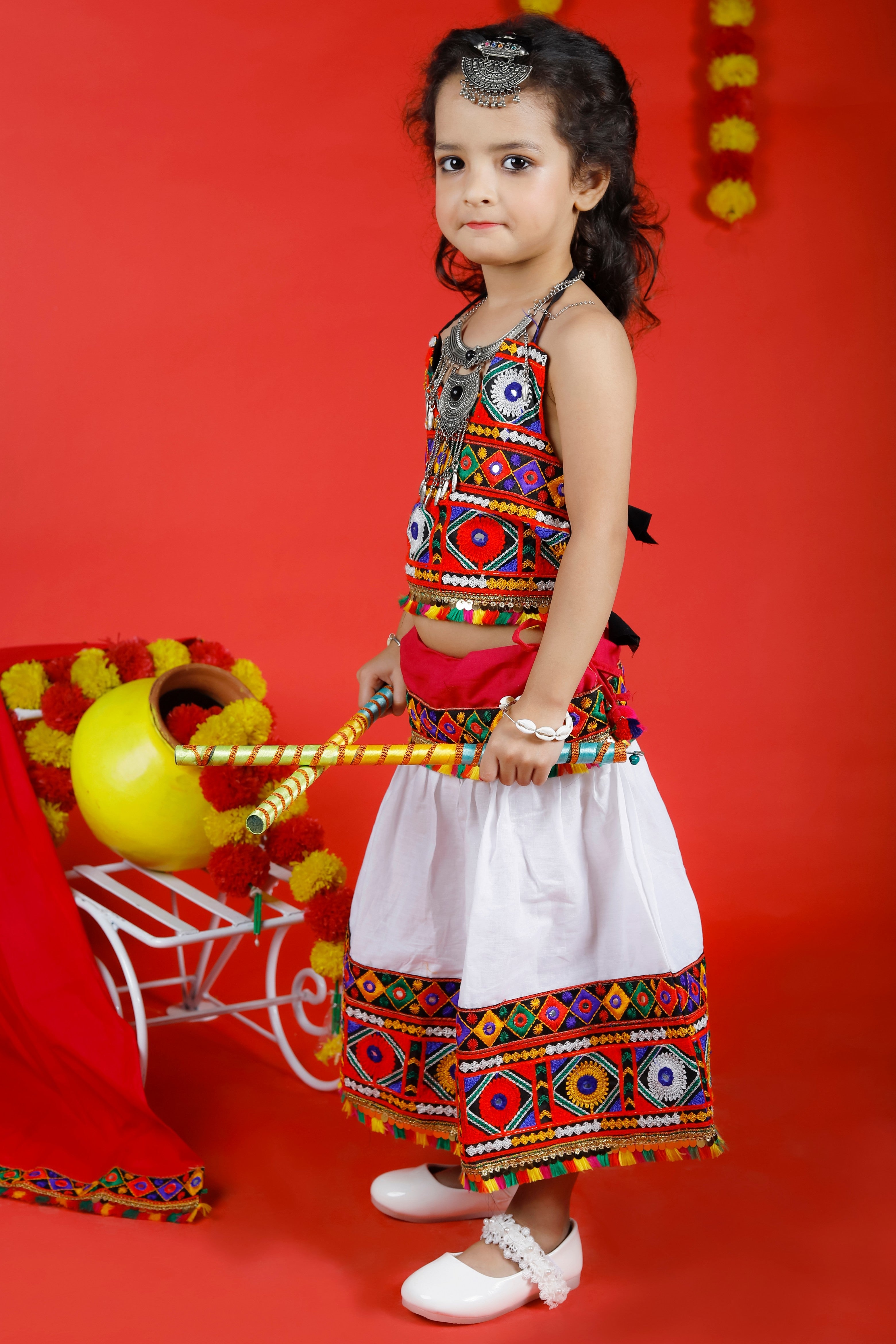 Banjara India Kutchi Emboidered Black Girls Chaniya Choli with Dupatta (CC-DMN) - White